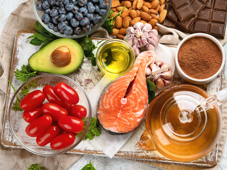 Assortment of fresh foods rich in antioxidants.