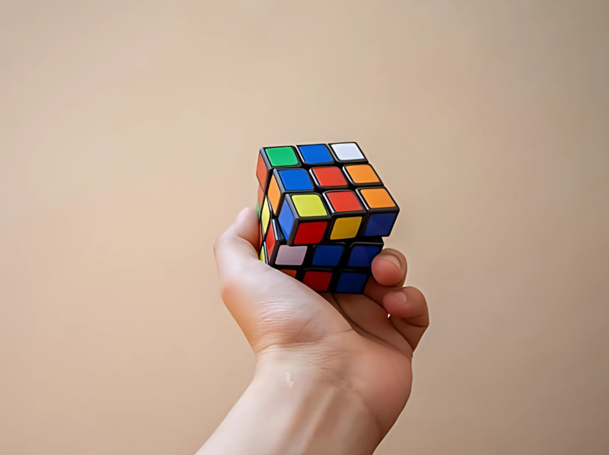 Hand holding Rubik’s Cube in mid-turn