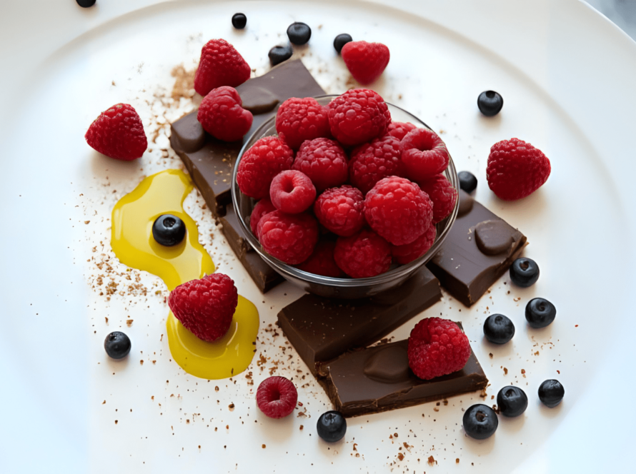 Dark chocolate with raspberries, blueberries, and olive oil