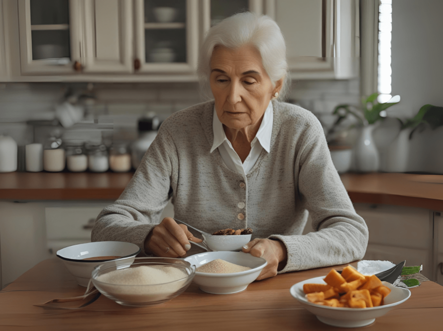 Elderly woman eating simple meal alone at table