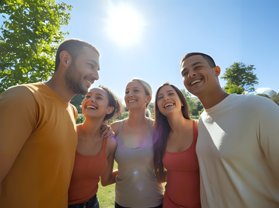 Happy diverse group smiling outside in bright sun