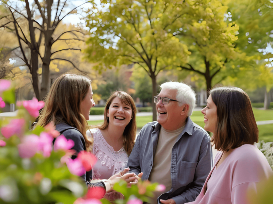 Family laughing together in a sunny outdoor garden.