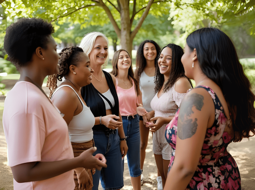 Women laughing together under trees in summer park