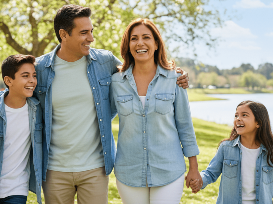Happy family walking together outdoors in sunny park.