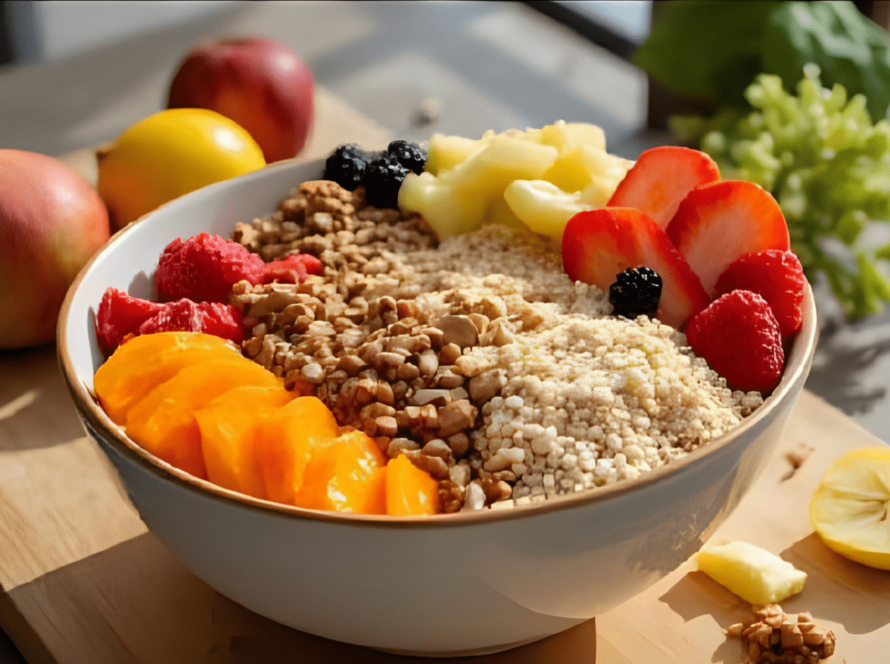 Colourful fruit and granola bowl with fresh toppings.