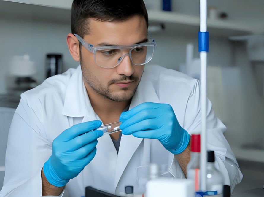 Scientist in lab coat holding peptide vial carefully
