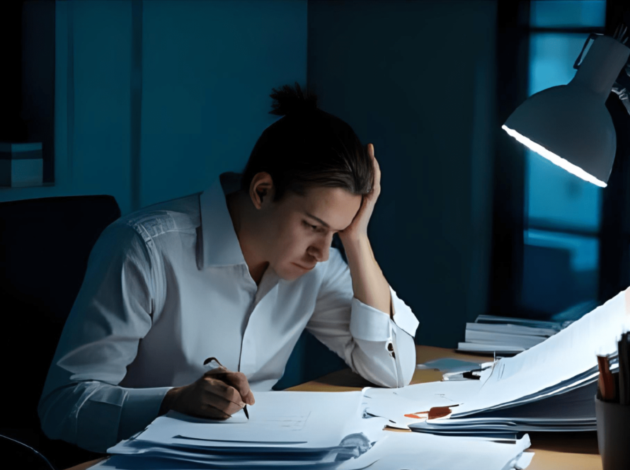 Tired student studying late under desk lamp