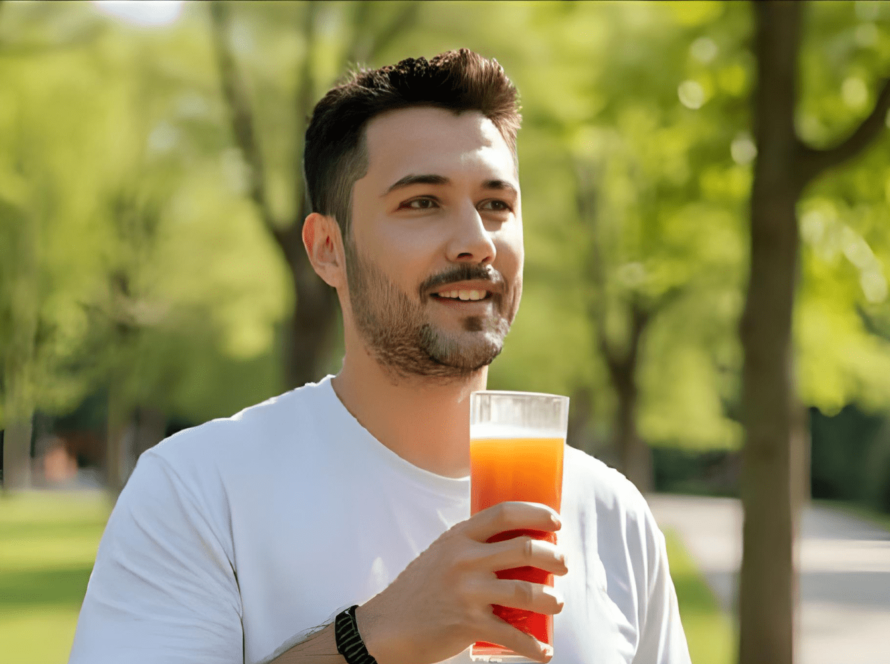 Man holding orange probiotic drink outdoors smiling