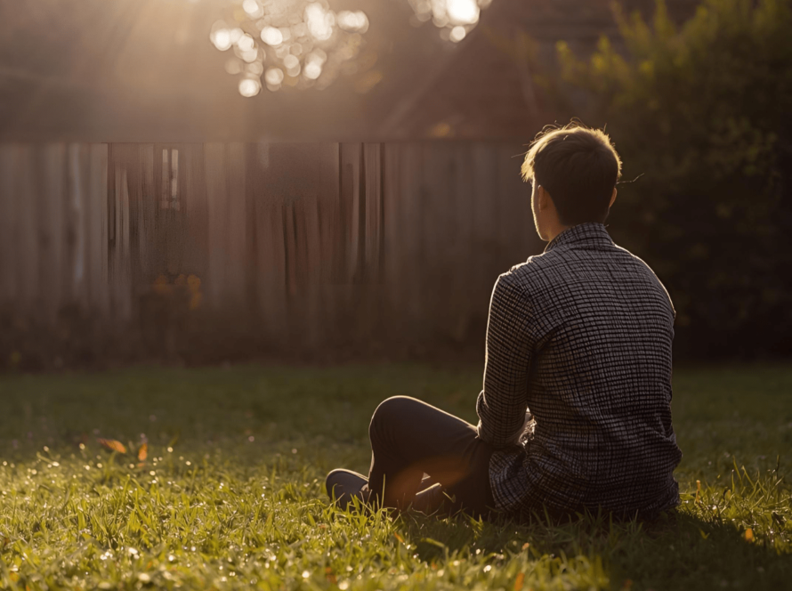 Person sitting on grass in morning sunlight