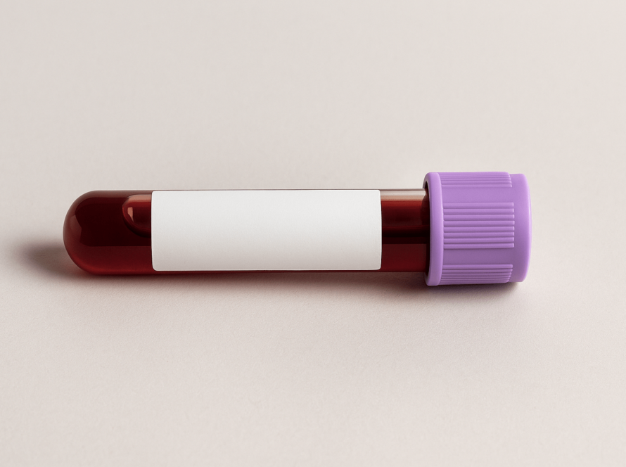 Blood-filled test tube with a purple cap label.