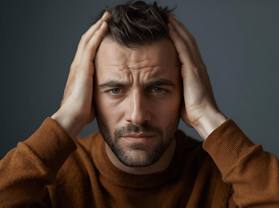 Man holding head with stressed, worried facial expression.