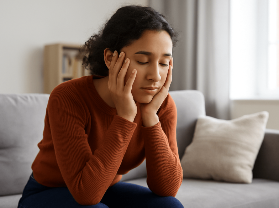Young woman sits tired with eyes closed indoors.