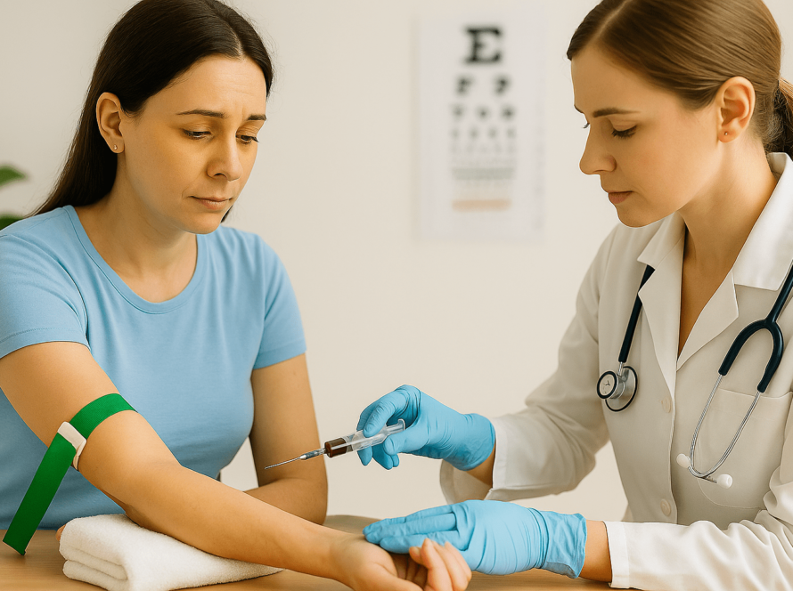 Nurse drawing blood from a woman’s arm for testing.