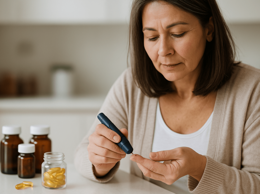 Woman pricking finger to test blood sugar