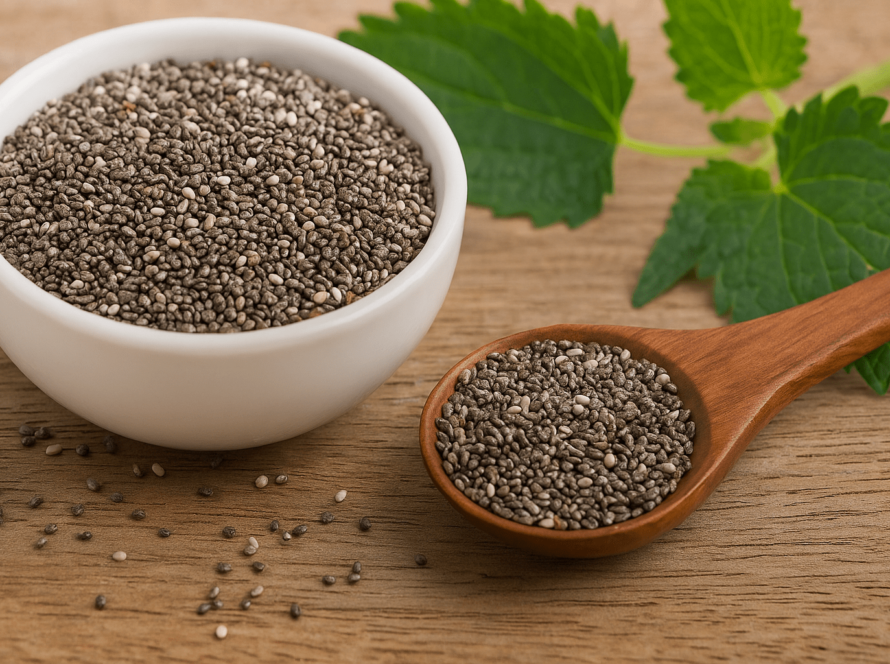 White bowl of chia seeds on a wooden table