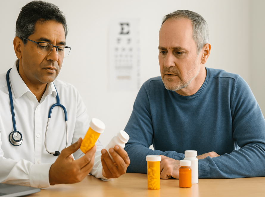 Doctor reviewing pill bottles with patient at desk.