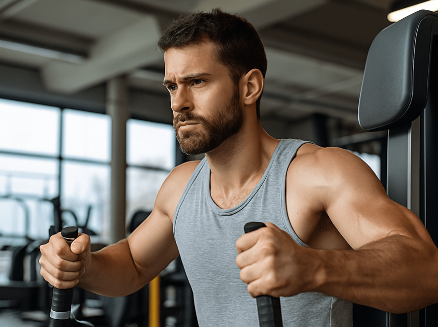 Man working out on machine with focused expression