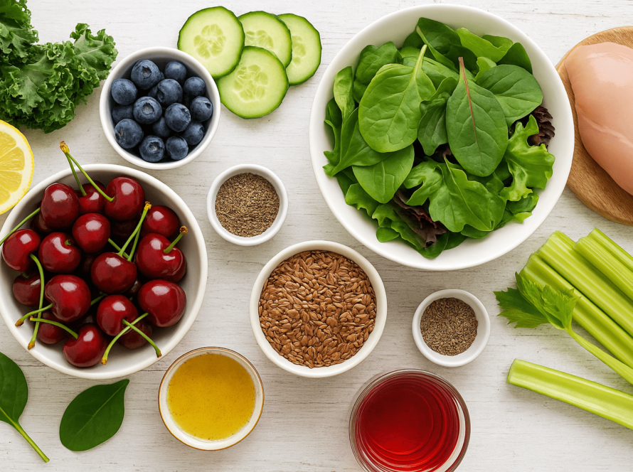 Fresh greens berries celery cherry juice lemon and seeds.