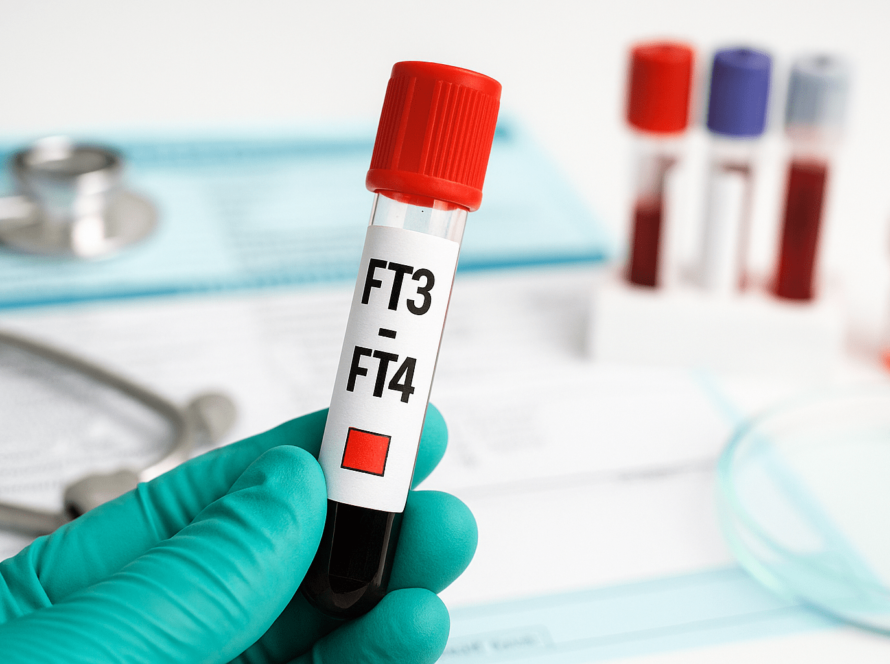 Gloved hand holds blood vial labeled FT3 FT4