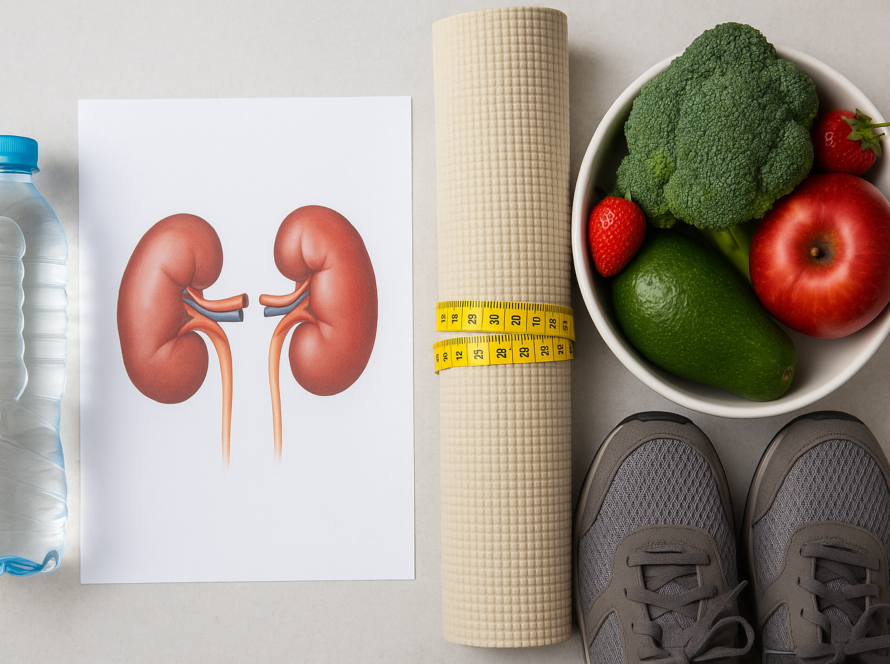 Kidney diagram, water, yoga mat, shoes, fruits promoting health.